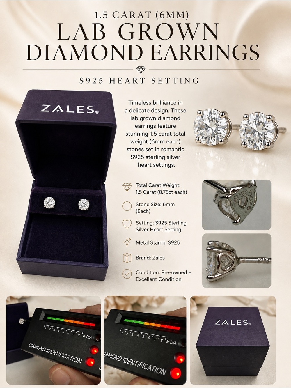Zales Sparkling White Lab-Grown Diamond Heart Stud Earrings in Silver